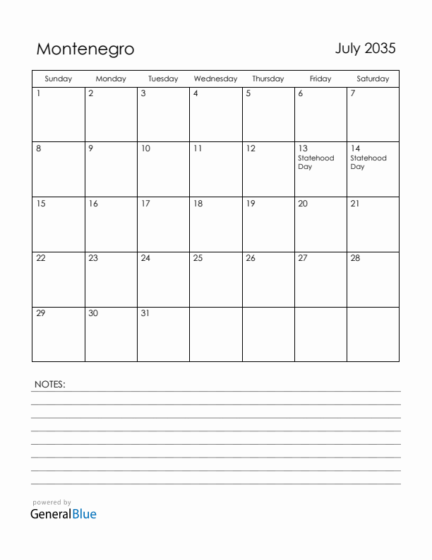 July 2035 Montenegro Calendar with Holidays (Sunday Start)