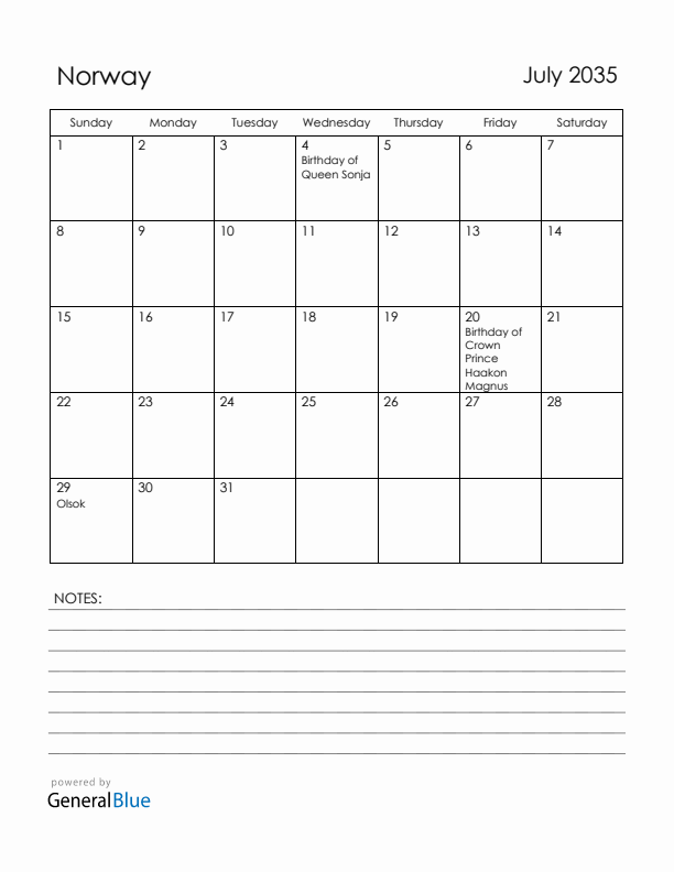 July 2035 Norway Calendar with Holidays (Sunday Start)