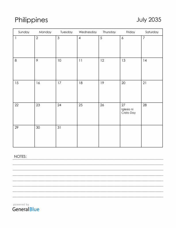 July 2035 Philippines Calendar with Holidays (Sunday Start)