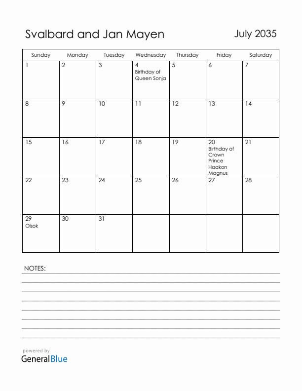 July 2035 Svalbard and Jan Mayen Calendar with Holidays (Sunday Start)