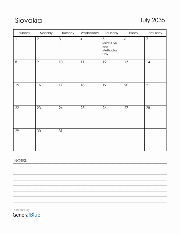July 2035 Slovakia Calendar with Holidays (Sunday Start)