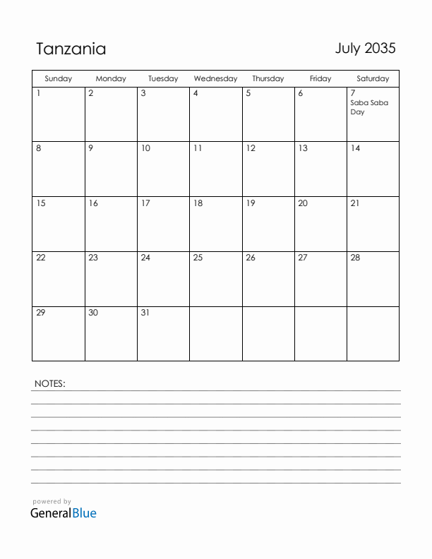 July 2035 Tanzania Calendar with Holidays (Sunday Start)