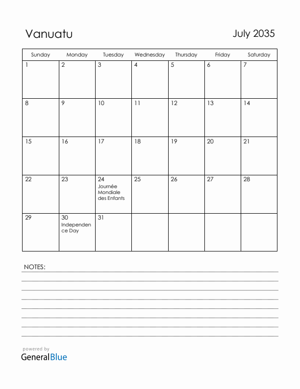 July 2035 Vanuatu Calendar with Holidays (Sunday Start)