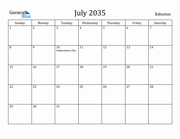 July 2035 Calendar Bahamas