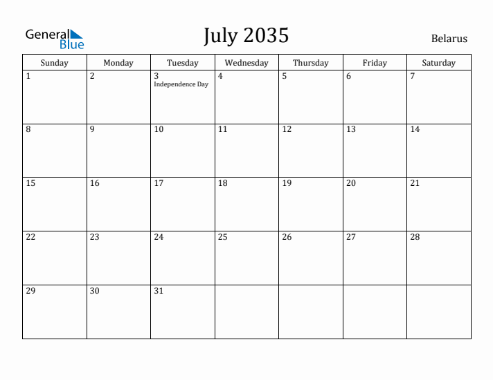 July 2035 Calendar Belarus