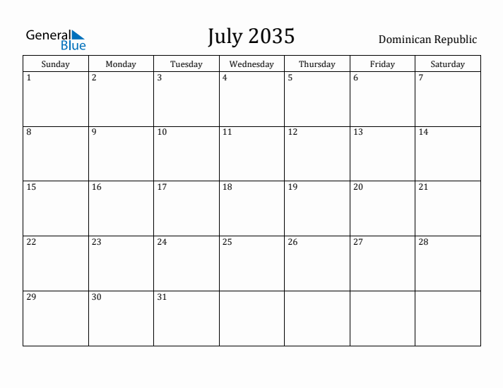 July 2035 Calendar Dominican Republic