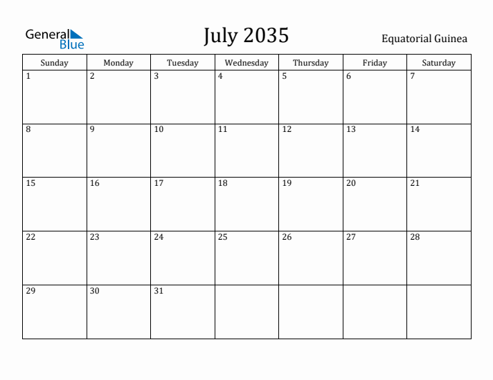 July 2035 Calendar Equatorial Guinea