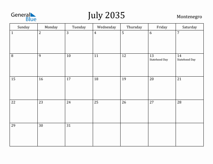 July 2035 Calendar Montenegro