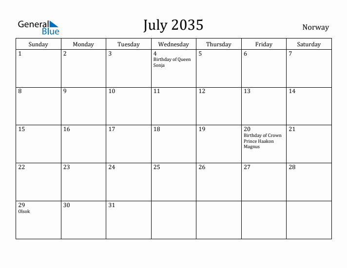 July 2035 Calendar Norway