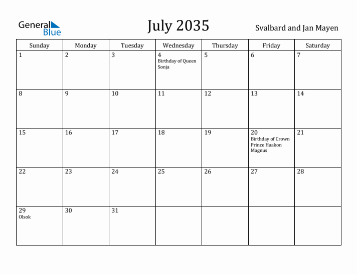 July 2035 Calendar Svalbard and Jan Mayen