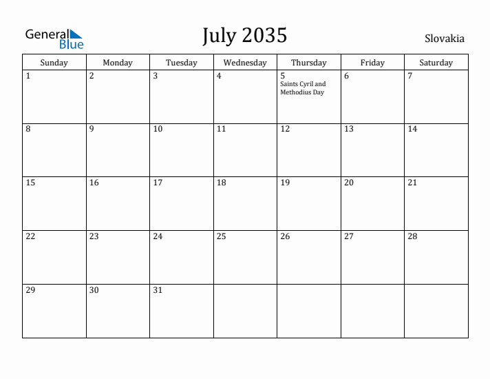 July 2035 Calendar Slovakia