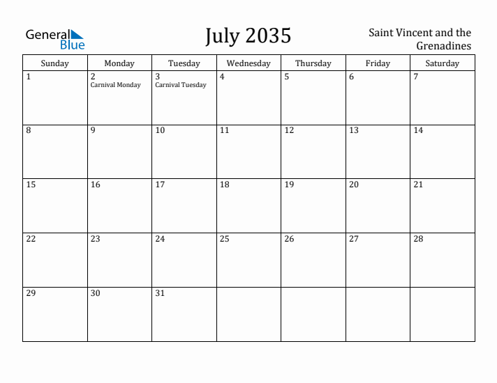 July 2035 Calendar Saint Vincent and the Grenadines