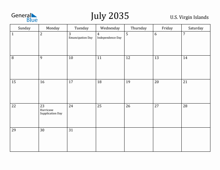 July 2035 Calendar U.S. Virgin Islands