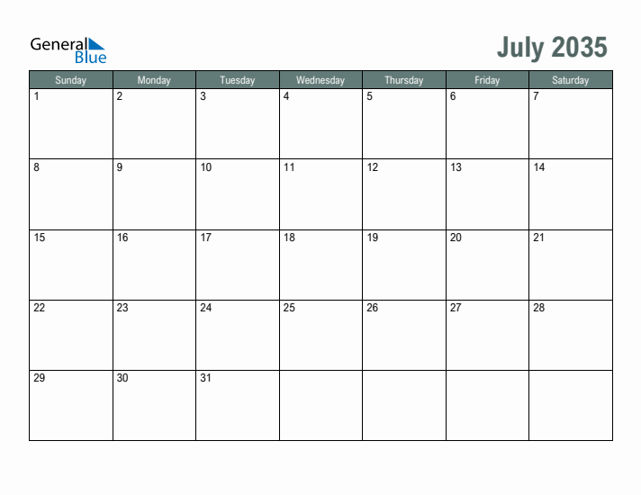 Free Printable July 2035 Calendar