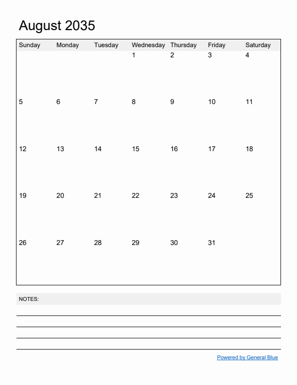 Basic Monthly Calendar Template for August 2035