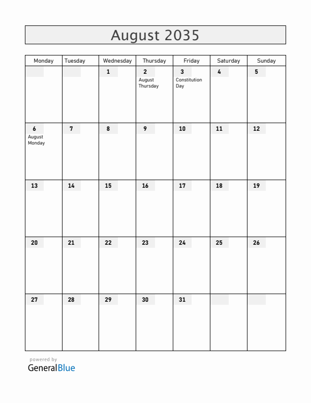 Anguilla August 2035 Calendar with Holidays