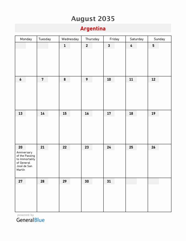 Argentina August 2035 Calendar with Holidays