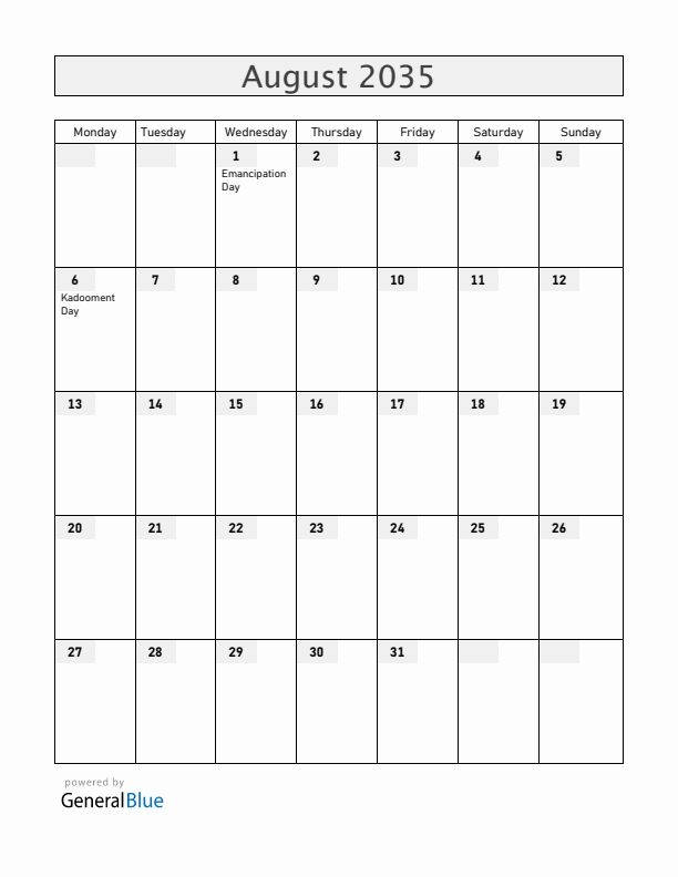 Barbados August 2035 Calendar with Holidays