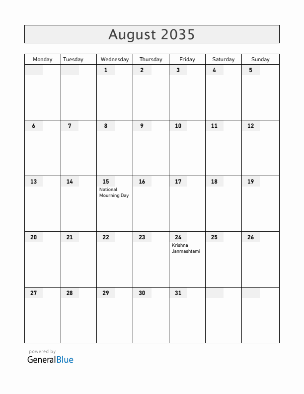 Bangladesh August 2035 Calendar with Holidays