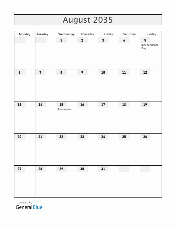 Burkina Faso August 2035 Calendar with Holidays