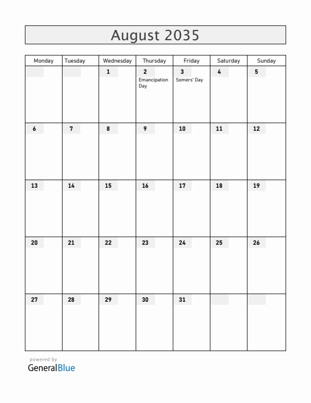 Bermuda August 2035 Calendar with Holidays