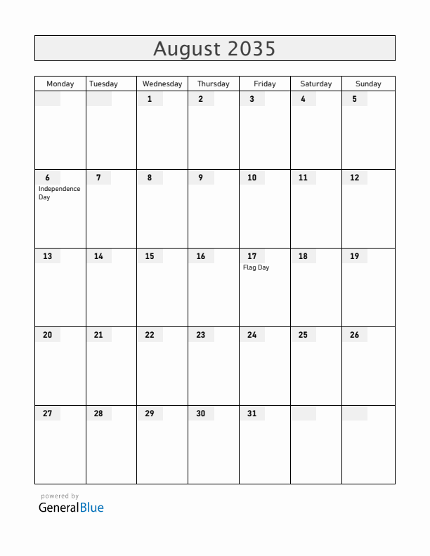 Bolivia August 2035 Calendar with Holidays