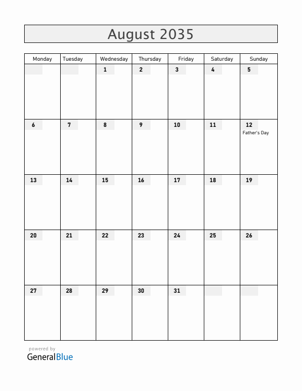 Brazil August 2035 Calendar with Holidays