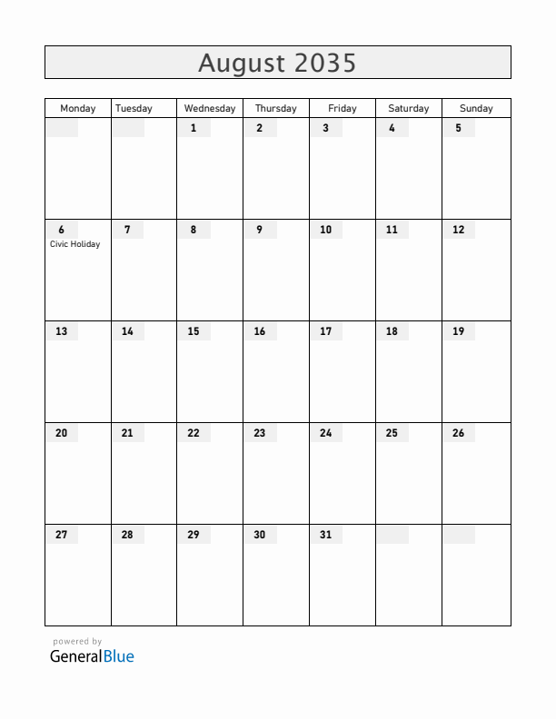 Canada August 2035 Calendar with Holidays