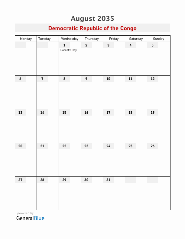 Democratic Republic of the Congo August 2035 Calendar with Holidays