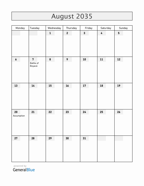 Colombia August 2035 Calendar with Holidays
