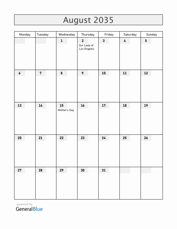 Costa Rica August 2035 Calendar with Holidays
