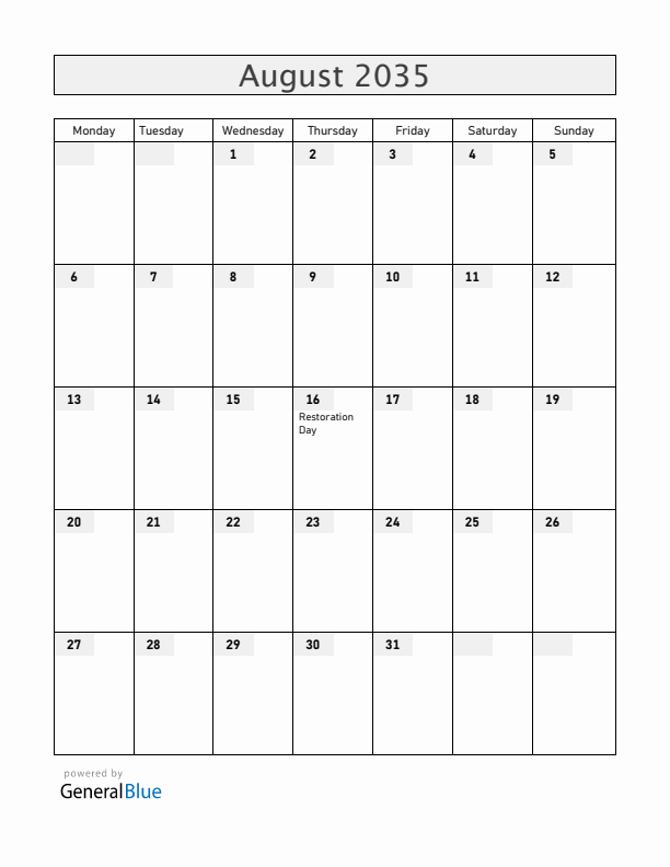 Dominican Republic August 2035 Calendar with Holidays