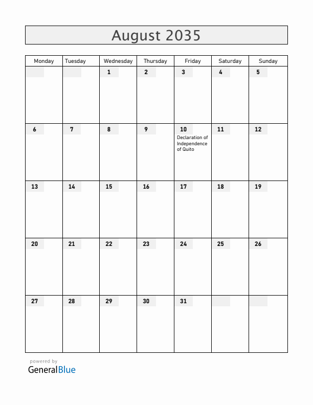 Ecuador August 2035 Calendar with Holidays