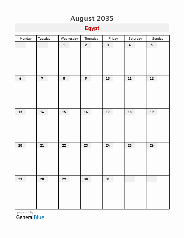 Egypt August 2035 Calendar with Holidays