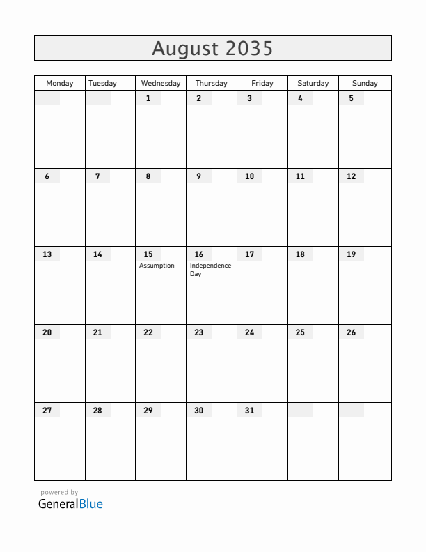 Gabon August 2035 Calendar with Holidays