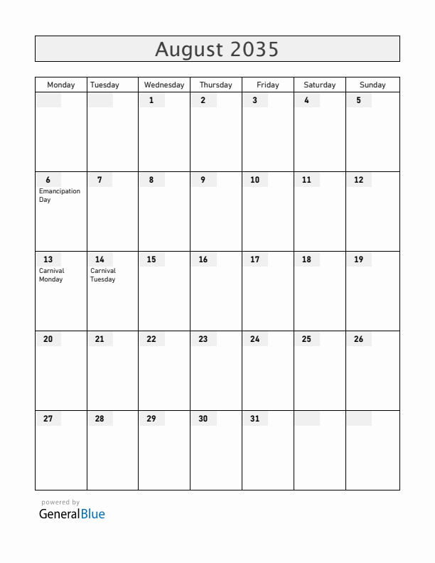 Grenada August 2035 Calendar with Holidays