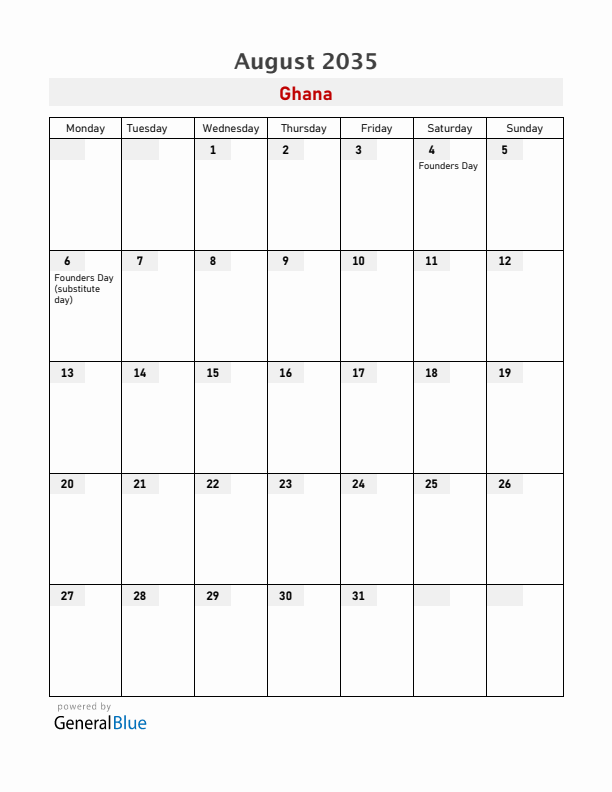 Ghana August 2035 Calendar with Holidays