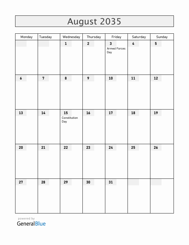 Equatorial Guinea August 2035 Calendar with Holidays