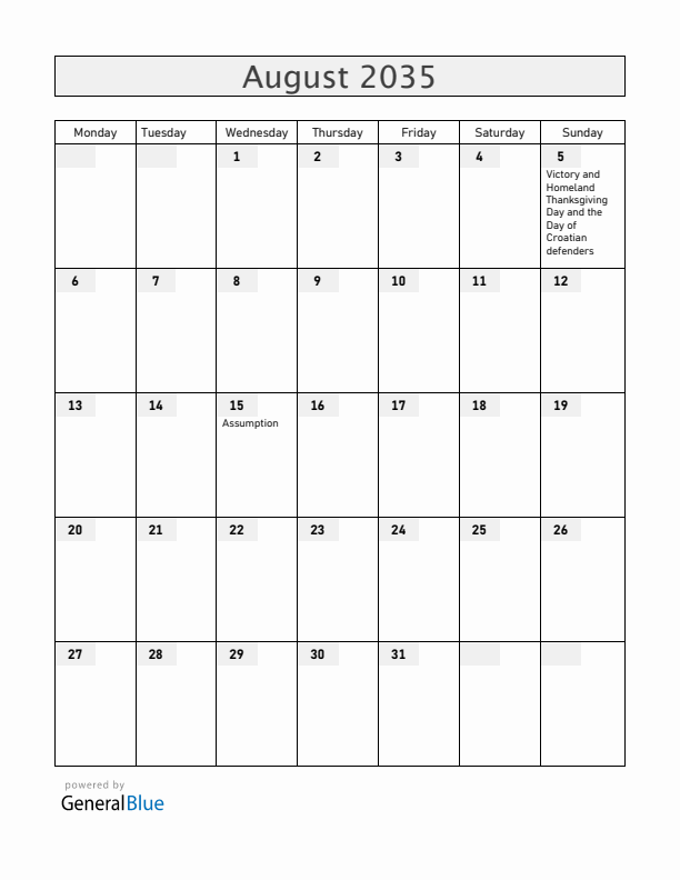 Croatia August 2035 Calendar with Holidays