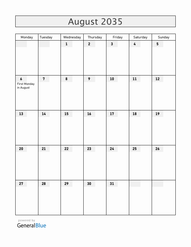 Ireland August 2035 Calendar with Holidays