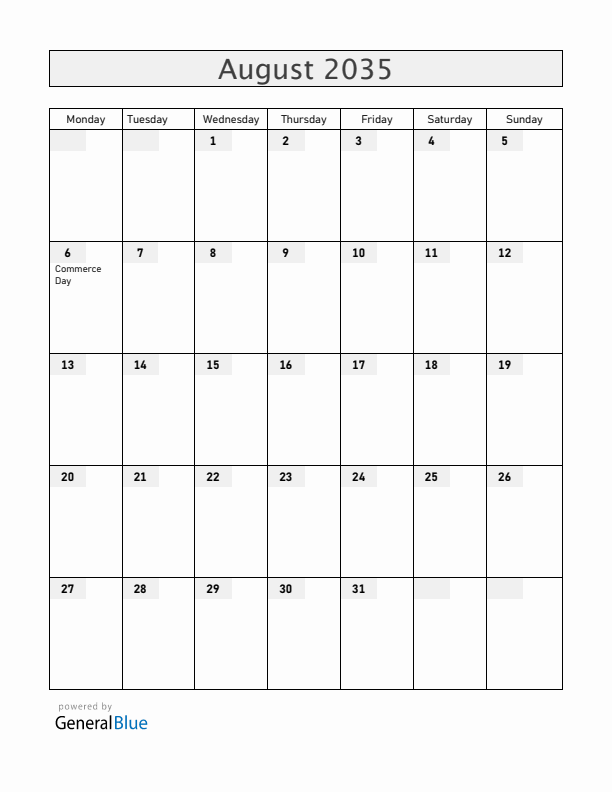 Iceland August 2035 Calendar with Holidays
