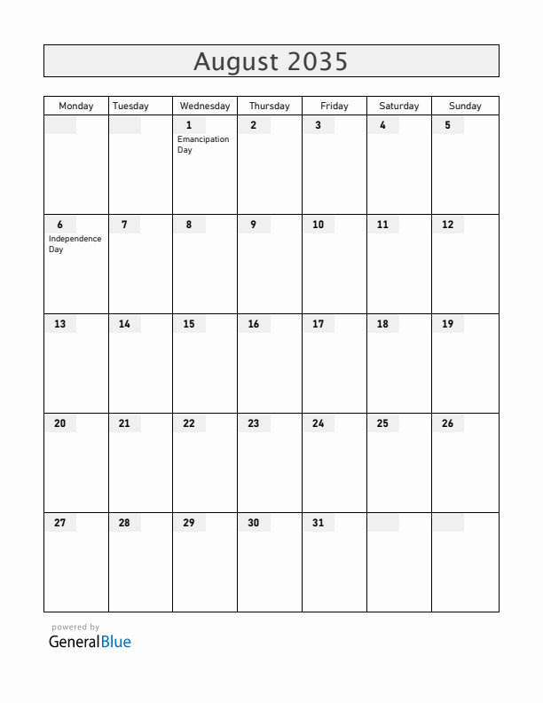 Jamaica August 2035 Calendar with Holidays