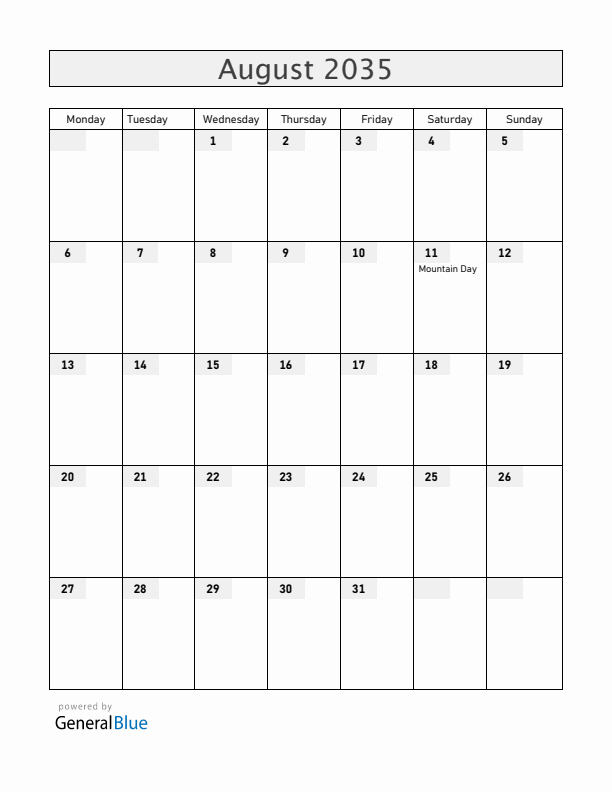 Japan August 2035 Calendar with Holidays