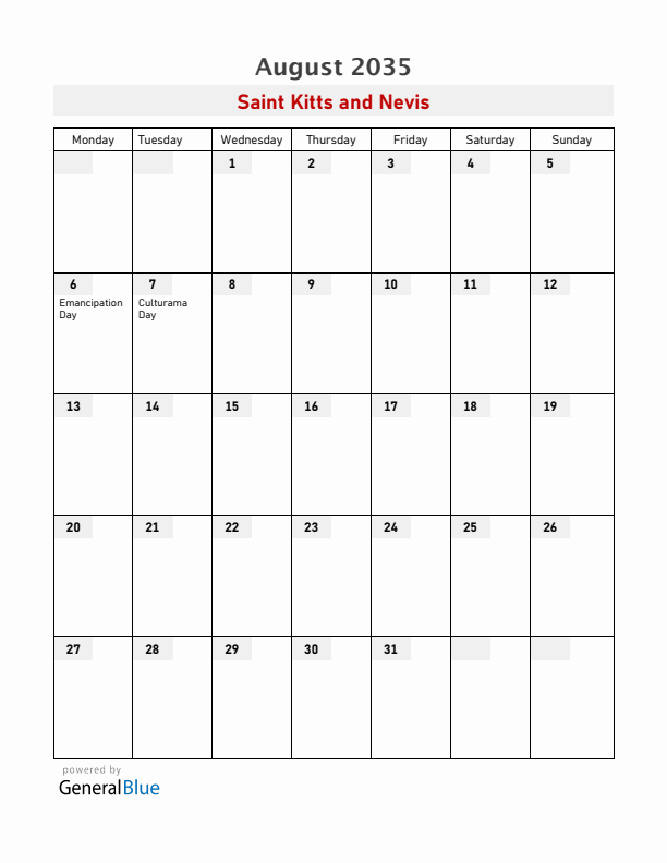 Saint Kitts and Nevis August 2035 Calendar with Holidays