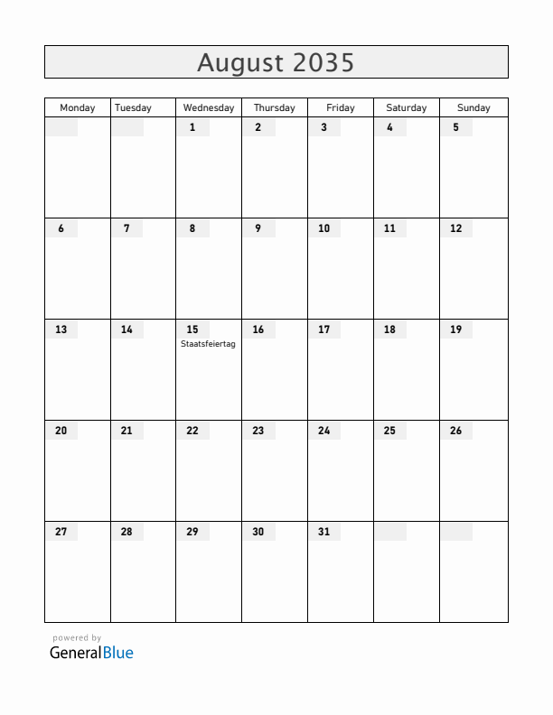 Liechtenstein August 2035 Calendar with Holidays