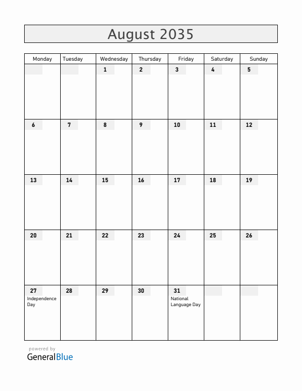 Moldova August 2035 Calendar with Holidays