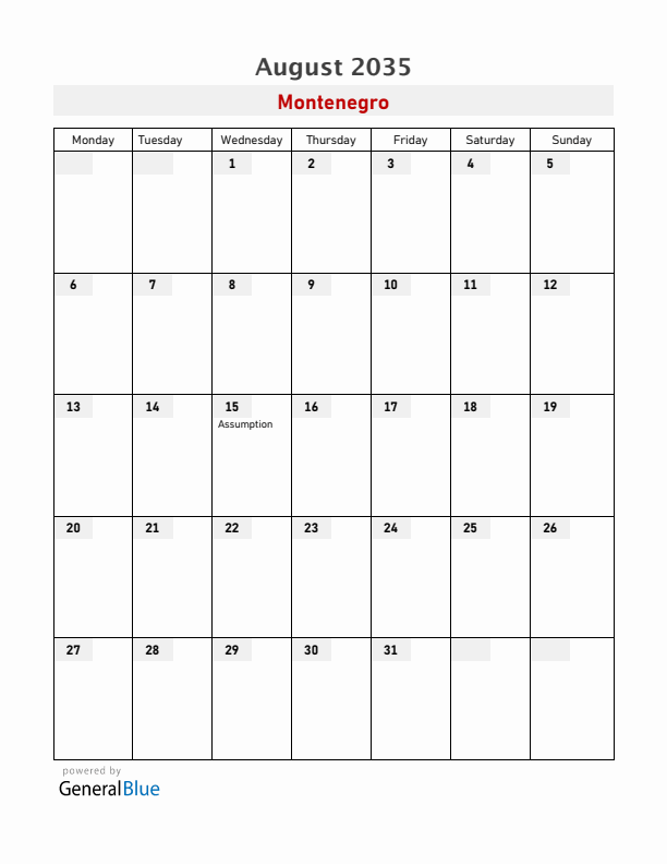 Montenegro August 2035 Calendar with Holidays