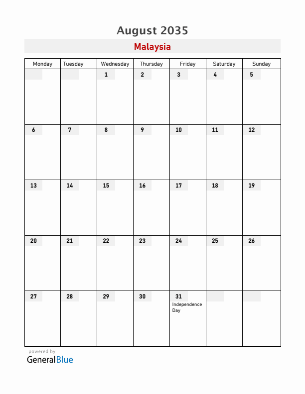 Malaysia August 2035 Calendar with Holidays