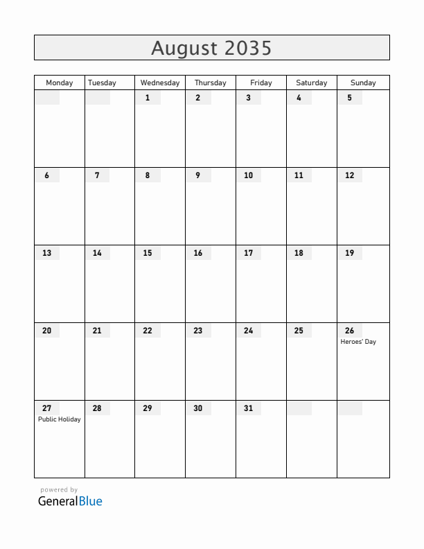 Namibia August 2035 Calendar with Holidays
