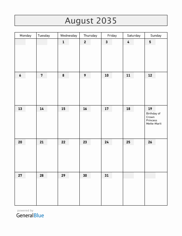 Norway August 2035 Calendar with Holidays